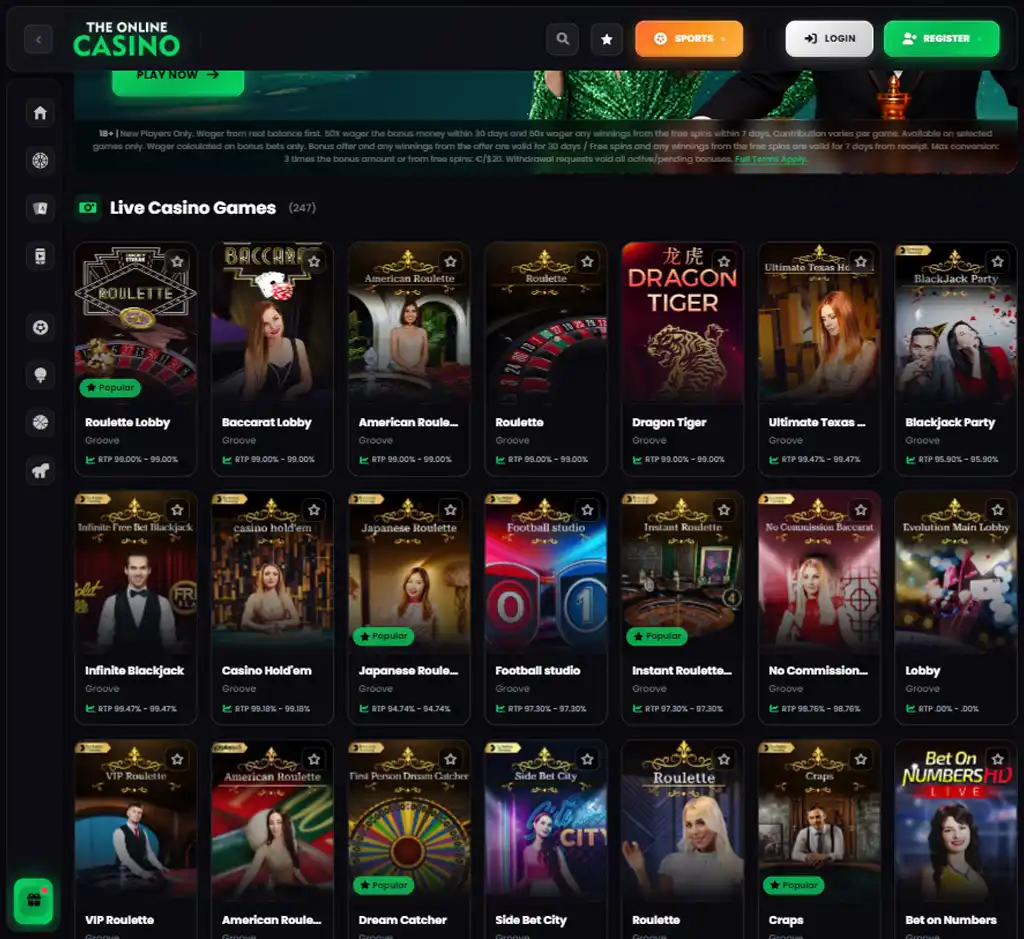 The Online Casino desktop live casino lobby screenshot featuring live dealer games and real-time streaming interface - review testing