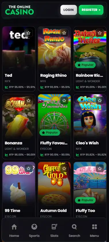 The Online Casino mobile slots interface screenshot showing slot game selection with popular titles and filtering options - captured during platform testing