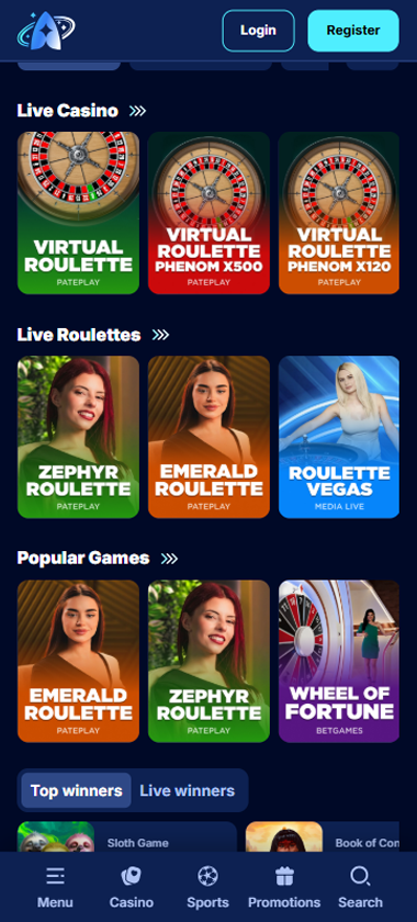 Andromedasino Casino mobile live casino interface showing live dealer tables including blackjack and roulette - Tested