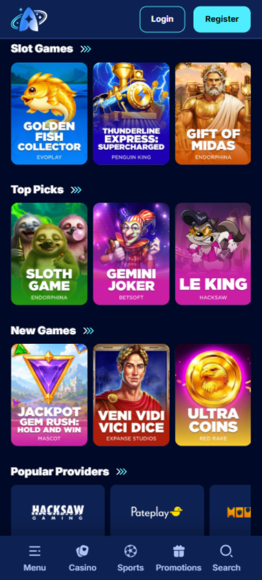 Andromedasino Casino mobile slots interface showing slot game selection with popular titles and filtering options - captured during platform testing