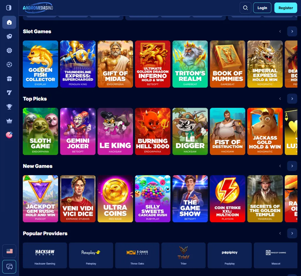 Andromedasino Casino desktop slots lobby screenshot presenting variety of slot games with categories and providers - Tested