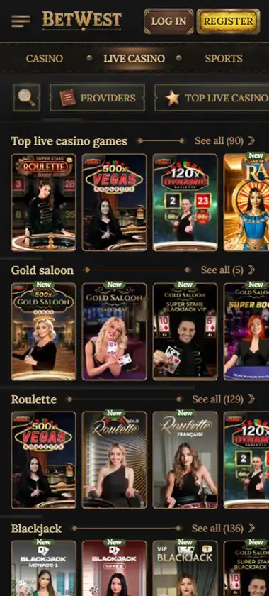 BetWest Casino mobile live casino interface screenshot showing live dealer tables including blackjack and roulette - Tested BetWest Casino mobile live casino interface screenshot showing live dealer tables including blackjack and roulette - Tested