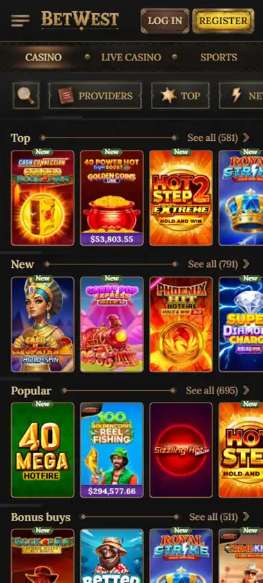 BetWest Casino mobile slots interface screenshot showing slot game selection with popular titles and filtering options - Tested BetWest Casino mobile slots interface screenshot showing slot game selection with popular titles and filtering options - Tested