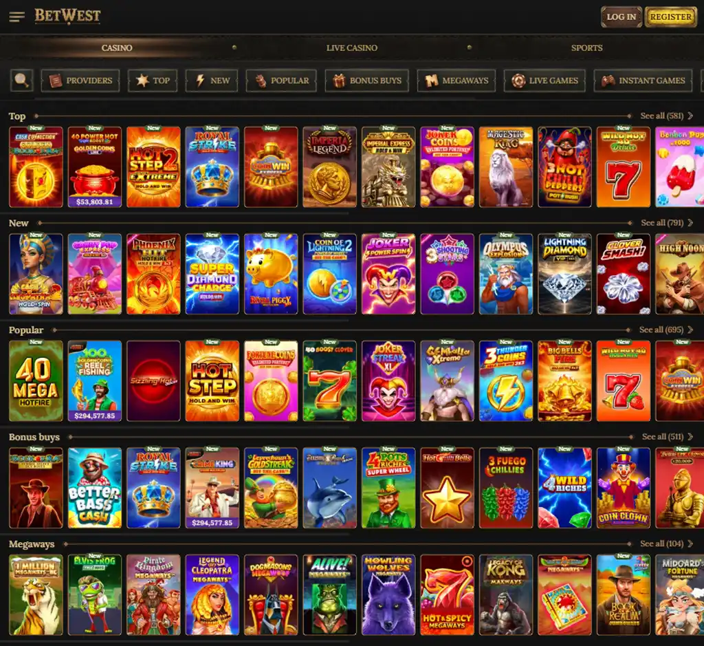 BetWest Casino desktop slots lobby screenshot presenting variety of slot games with categories and providers - Tested BetWest Casino desktop slots lobby screenshot presenting variety of slot games with categories and providers - Tested