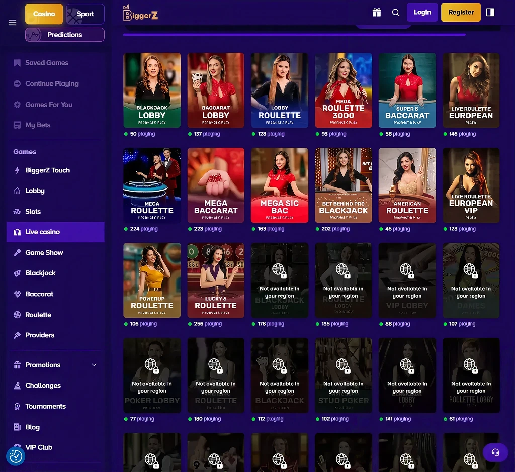 Biggerz Casino desktop table games lobby displaying classic casino games such as blackjack, roulette and baccarat - Tested