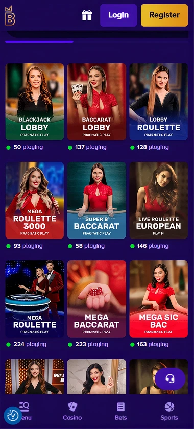Biggerz Casino mobile live casino interface showing live dealer tables including blackjack and roulette - Tested