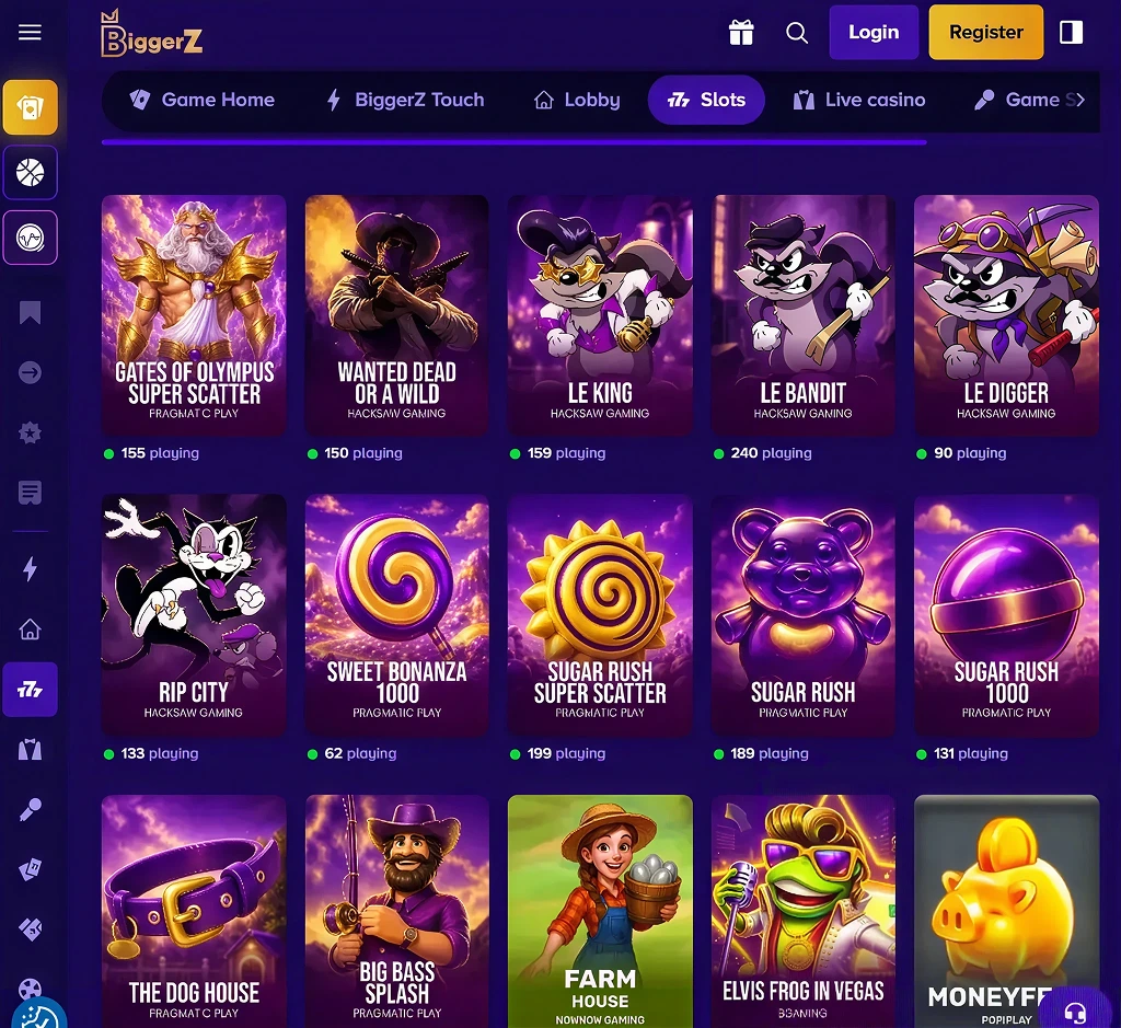 Biggerz Casino desktop slots lobby screenshot presenting variety of slot games with categories and providers - Tested