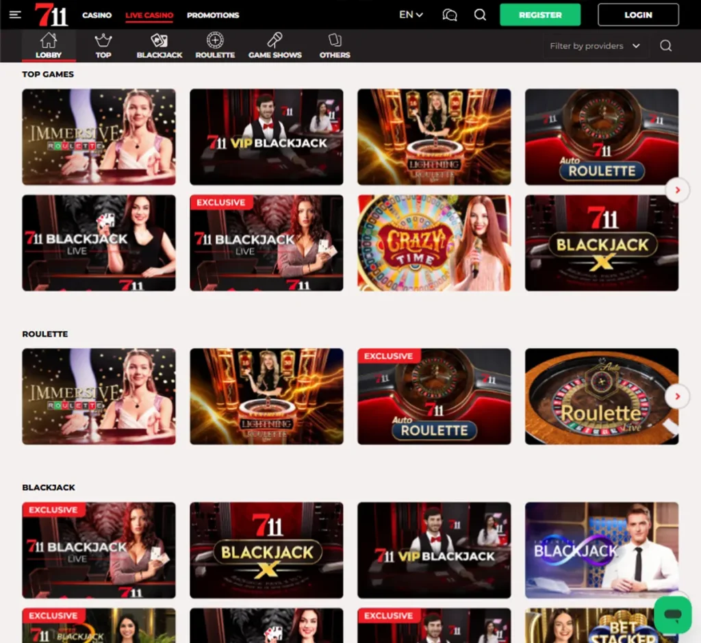 711 Casino desktop live casino lobby featuring live dealer games and real-time streaming interface - tested