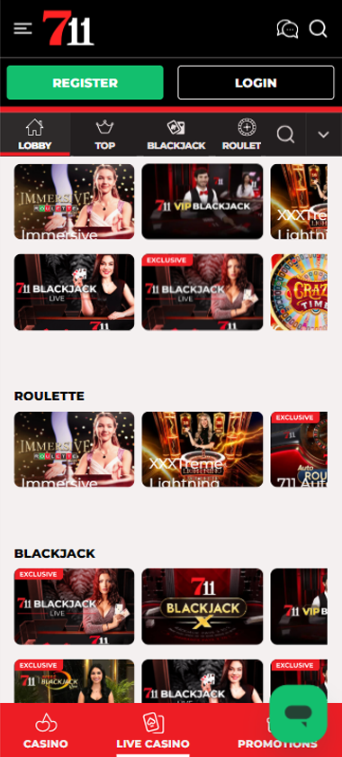 711 Casino mobile live casino interface showing live dealer tables including blackjack and roulette - Tested