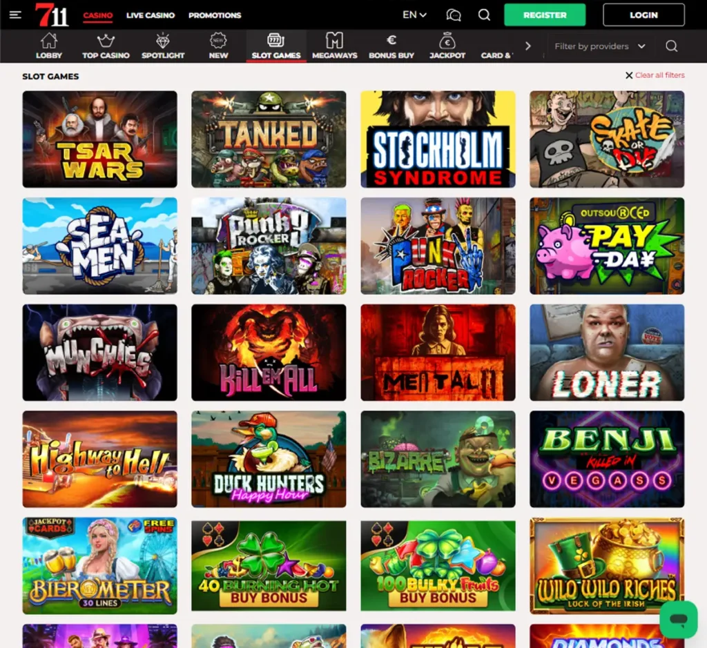 711 Casino desktop slots lobby presenting a variety of slot games with categories and providers - tested