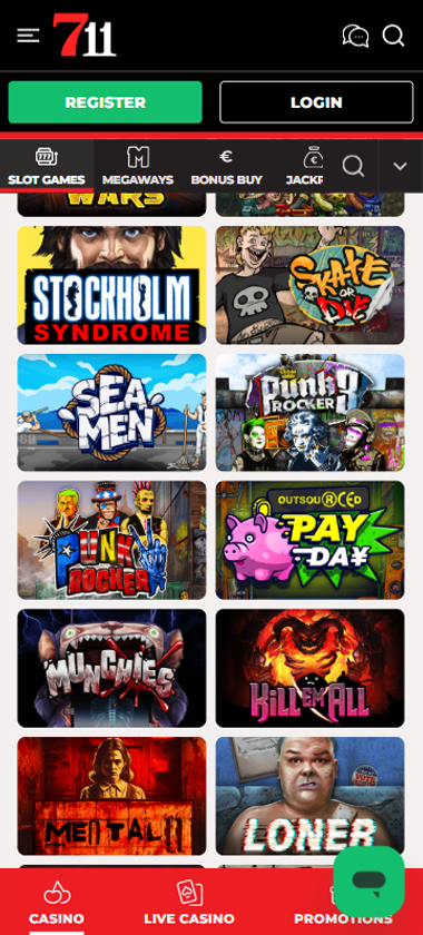 711 Casino mobile slots interface showing slot game selection with popular titles and filtering options - Tested