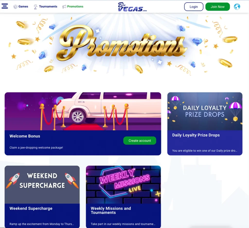 BluVegas Casino desktop promotions screenshot showing available bonuses and casino offers - tested BluVegas Casino desktop promotions screenshot showing available bonuses and casino offers - tested