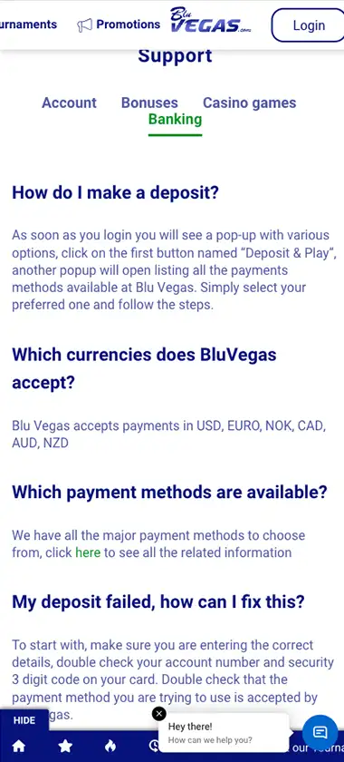 BluVegas Casino mobile support screenshot showing customer help and live chat options - tested BluVegas Casino mobile support screenshot showing customer help and live chat options - tested
