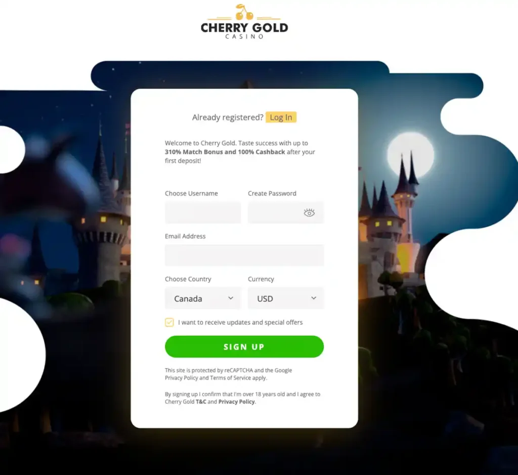 Cherry Gold Casino registration screenshot showing account sign-up form and required registration fields - tested