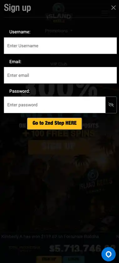 Island Reels Casino desktop registration screenshot showing initial account creation form and sign-up fields - tested