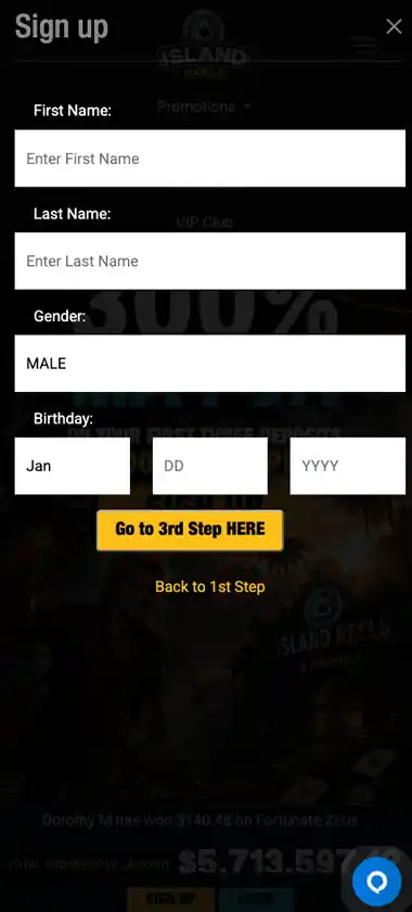 Island Reels Casino desktop registration screenshot showing personal details and account setup fields - tested