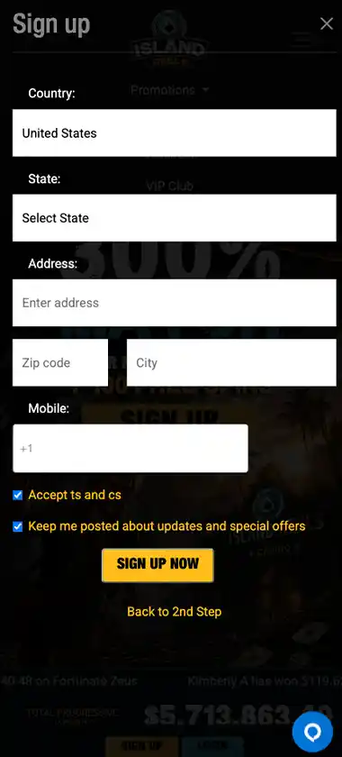 Island Reels Casino desktop registration screenshot showing final account confirmation and registration completion - tested
