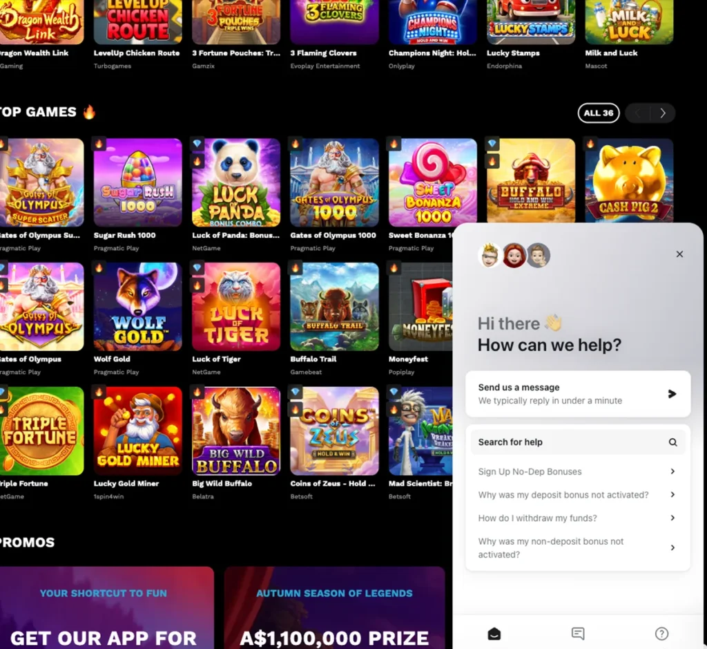 LevelUp Casino desktop customer support screenshot showing live chat and help options - tested