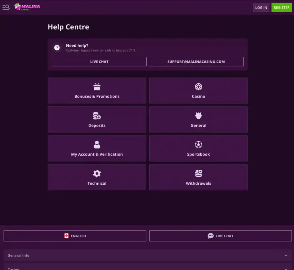 Malina Casino desktop customer support screenshot showing live chat and help options - tested