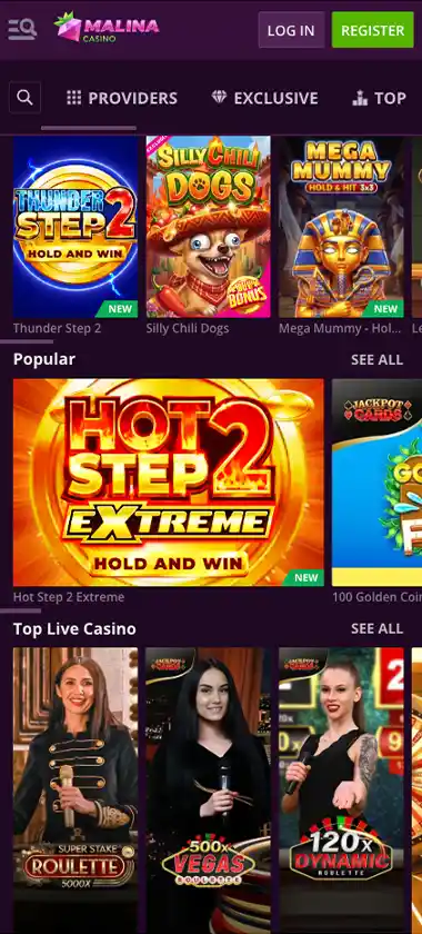 Malina Casino mobile homepage screenshot showing casino navigation, games and promotional content - tested