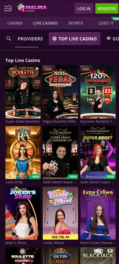 Malina Casino mobile live casino screenshot showing live dealer games and mobile game interface - tested