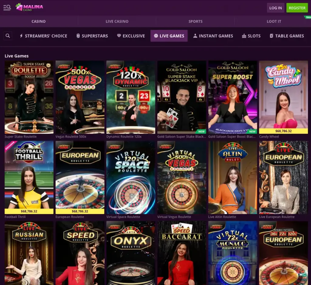 Malina Casino desktop live games screenshot showing live dealer tables and available casino games - tested
