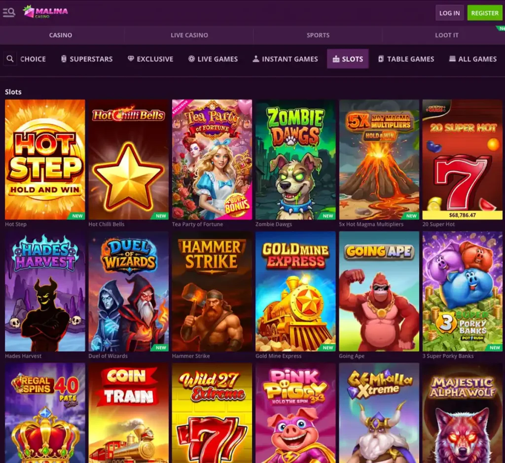 Malina Casino desktop slots screenshot showing available slot games and game categories - tested