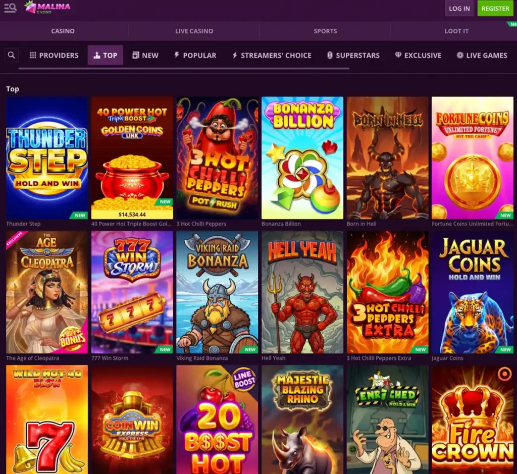 Malina Casino desktop top games screenshot showing featured and popular casino titles - tested
