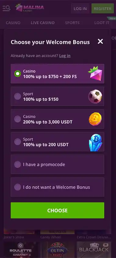 Malina Casino mobile welcome bonus screenshot showing promotional offer and bonus terms - tested
