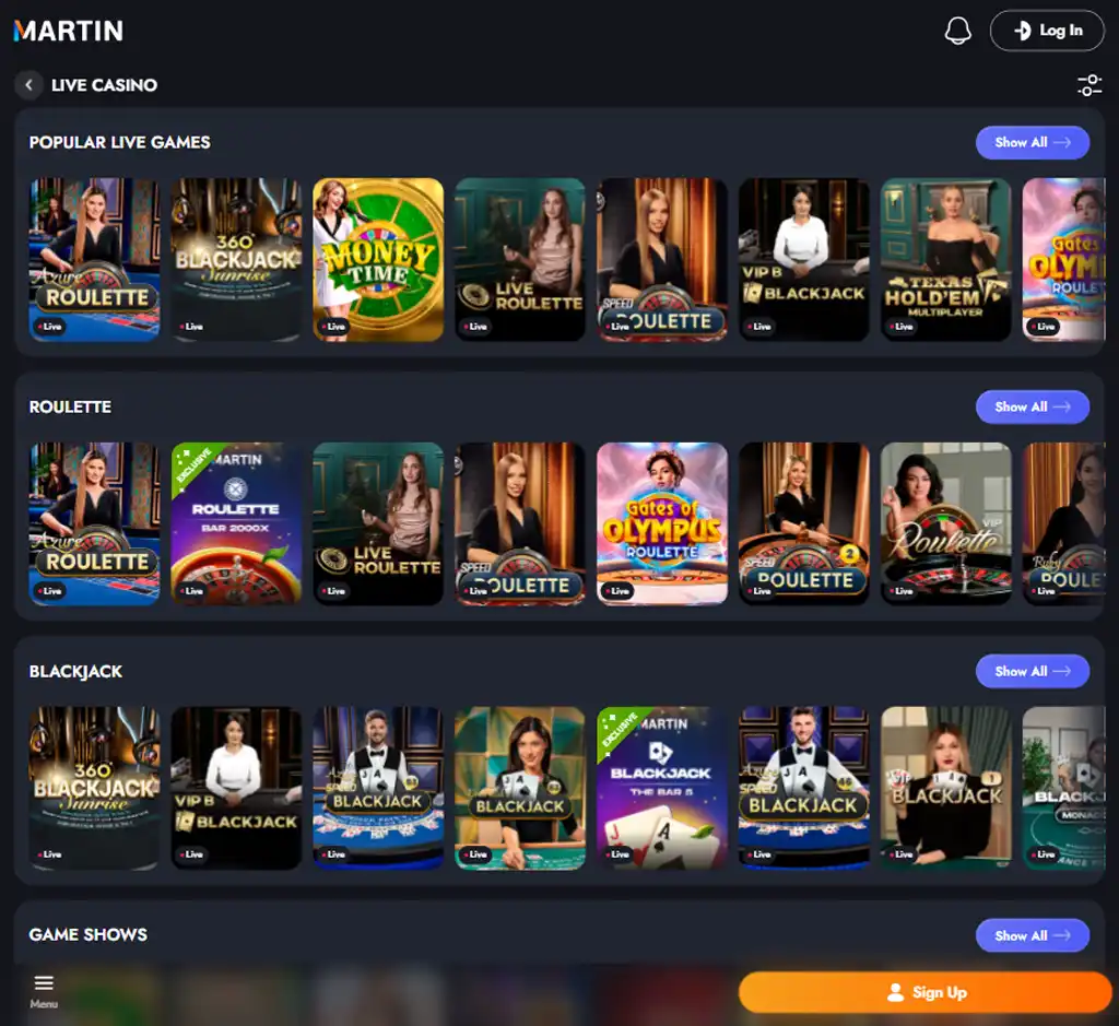 Martin Casino desktop live casino lobby featuring live dealer games and real-time streaming interface - tested