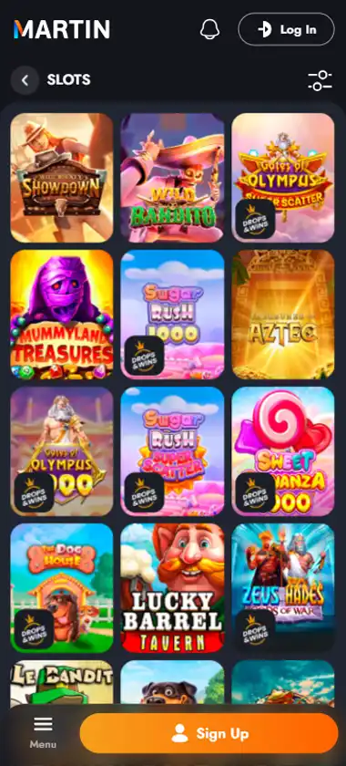 Martin Casino mobile slots interface showing slot game selection with popular titles and filtering options - captured during platform testing