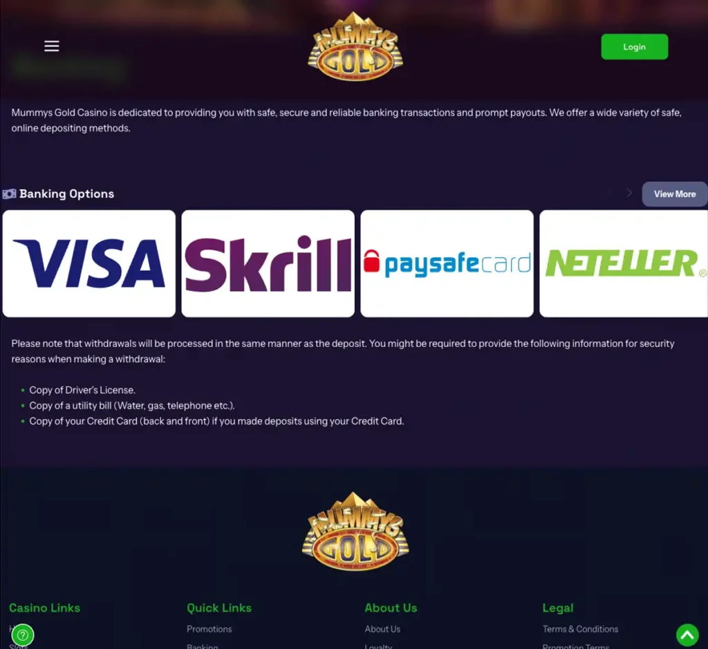 Mummysgold Casino desktop banking screenshot showing available deposit and withdrawal methods - tested Mummysgold Casino desktop banking screenshot showing available deposit and withdrawal methods - tested