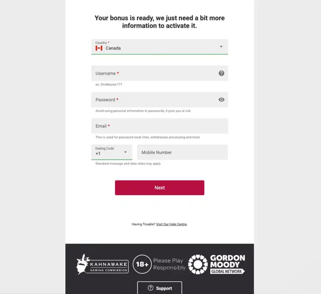 Ruby Fortune Casino registration screenshot showing account sign-up form and required registration fields - tested