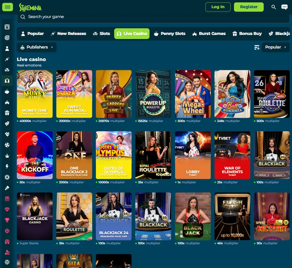 StakeMania Casino desktop live casino lobby featuring live dealer games and real-time streaming interface - Tested