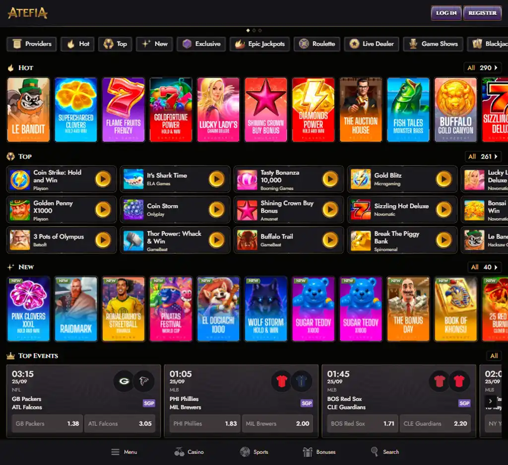 Atefia Casino desktop homepage screenshot displaying main casino lobby with featured games, promotions and navigation menu - Tested