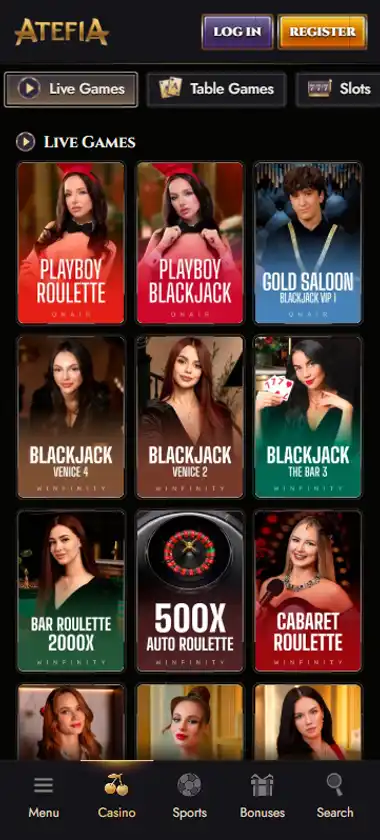 Atefia Casino mobile live casino interface showing live dealer tables including blackjack and roulette - Tested
