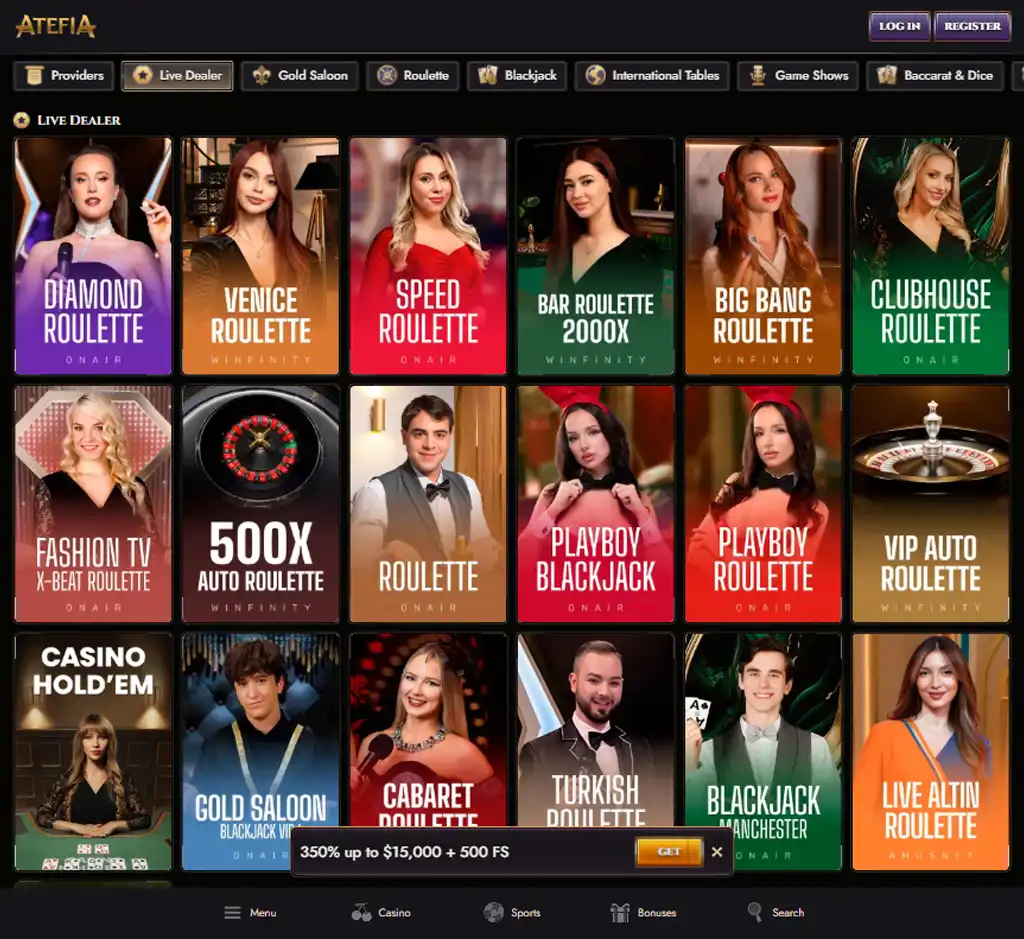 Atefia Casino desktop live casino lobby featuring live dealer games and real-time streaming interface - Tested