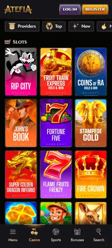 Atefia Casino mobile slots interface showing slot game selection with popular titles and filtering options - Tested