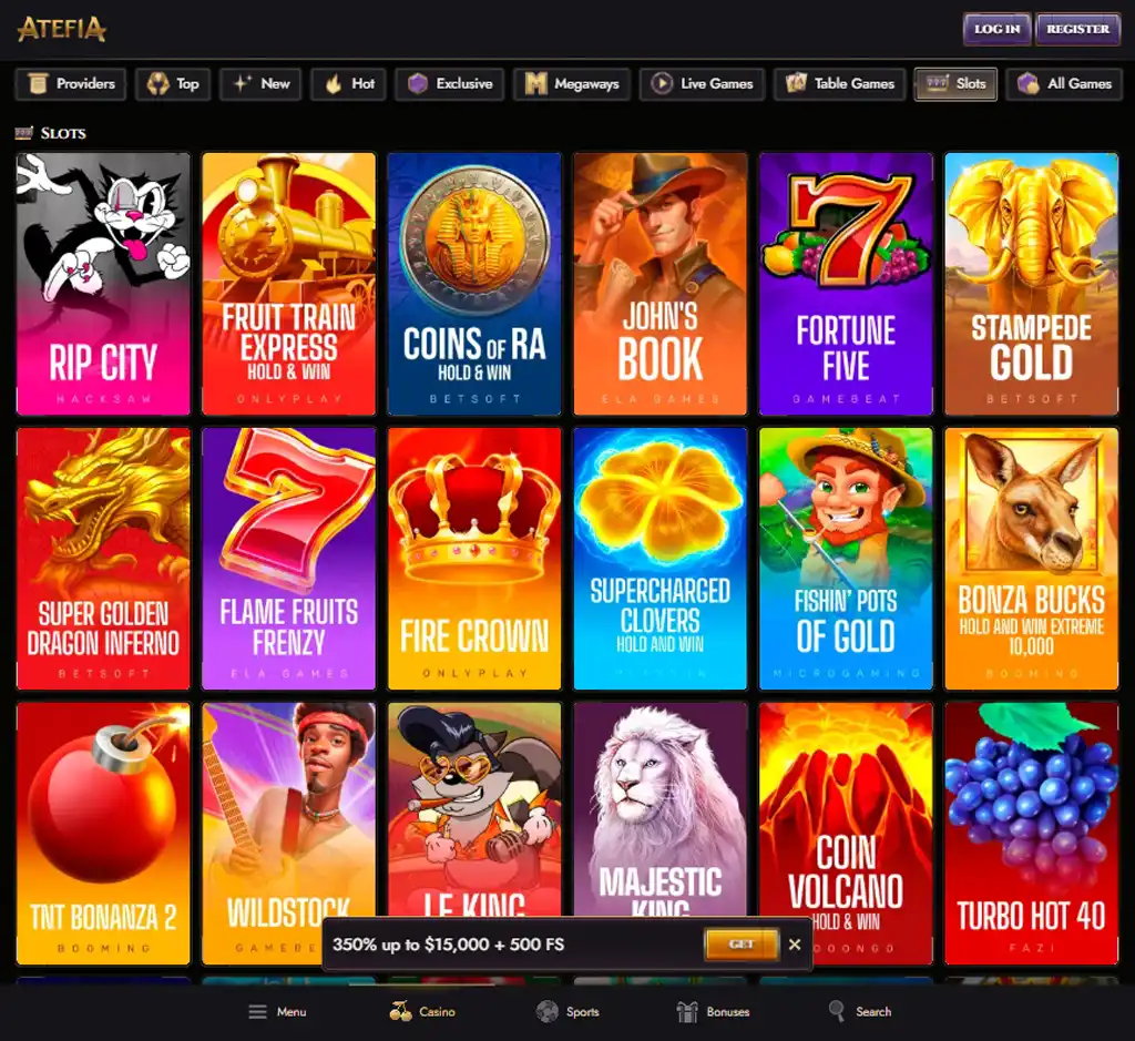 Atefia Casino desktop slots lobby presenting a variety of slot games with categories and providers - Tested