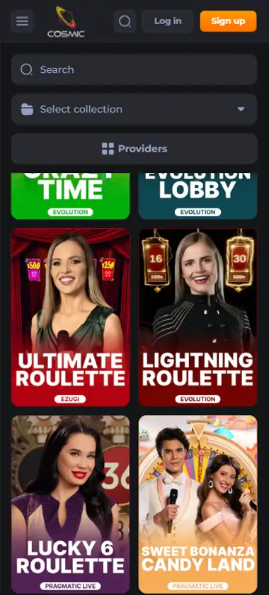 CosmicSlot Casino desktop live casino lobby featuring live dealer games and real-time streaming interface - tested