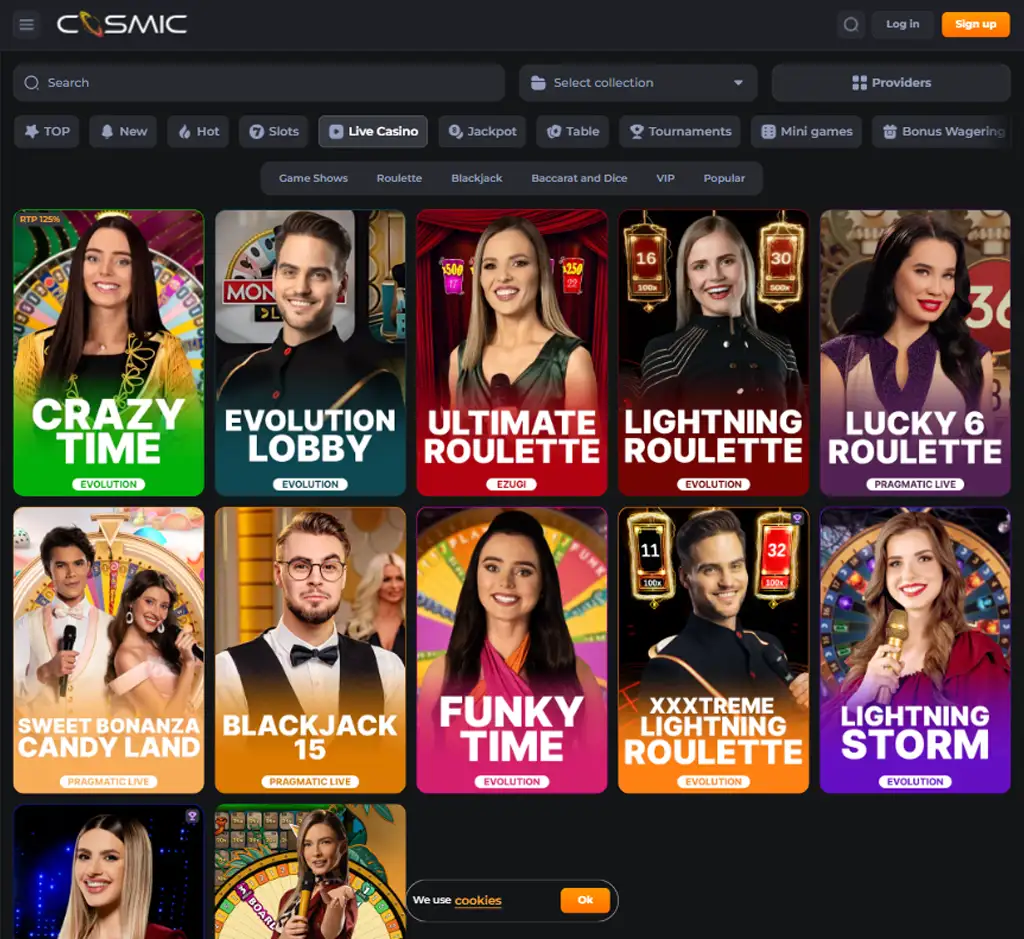 CosmicSlot Casino mobile live casino interface showing live dealer tables including blackjack and roulette - captured during platform testing