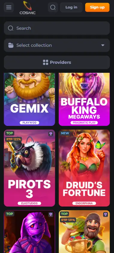 CosmicSlot Casino mobile slots interface showing slot game selection with popular titles and filtering options - captured during platform testing
