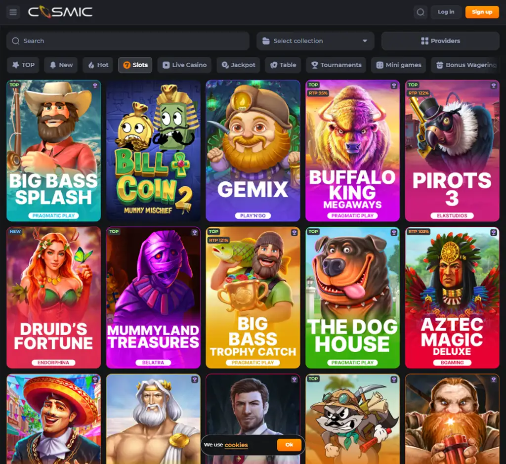 CosmicSlot Casino desktop slots lobby presenting a variety of slot games with categories and providers - tested