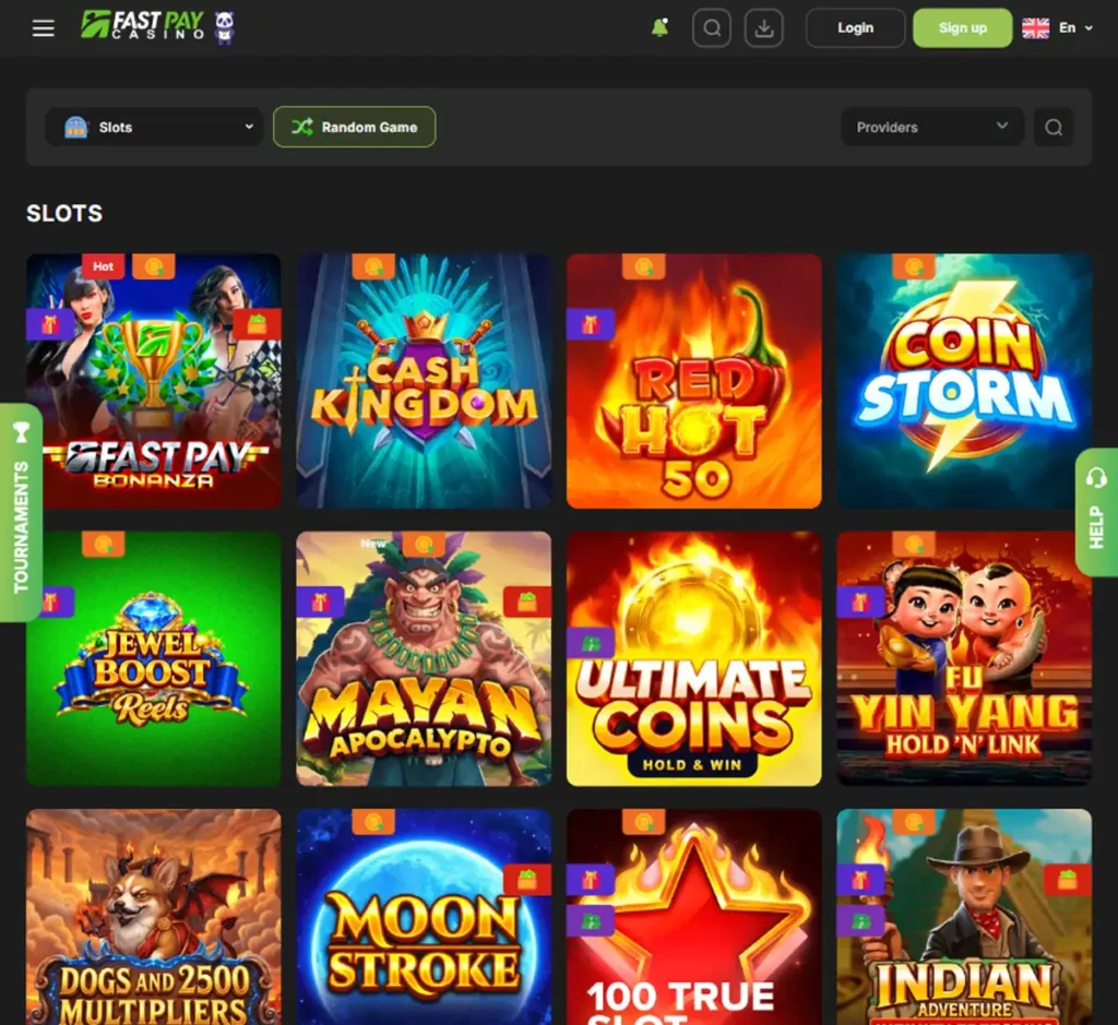 FastPay Casino desktop slots lobby presenting a variety of slot games with categories and providers - tested