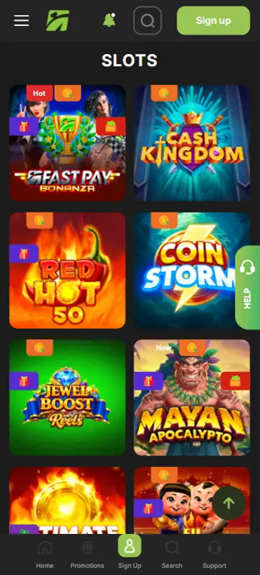 FastPay Casino mobile slots interface showing slot game selection with popular titles and filtering options - captured during platform testing