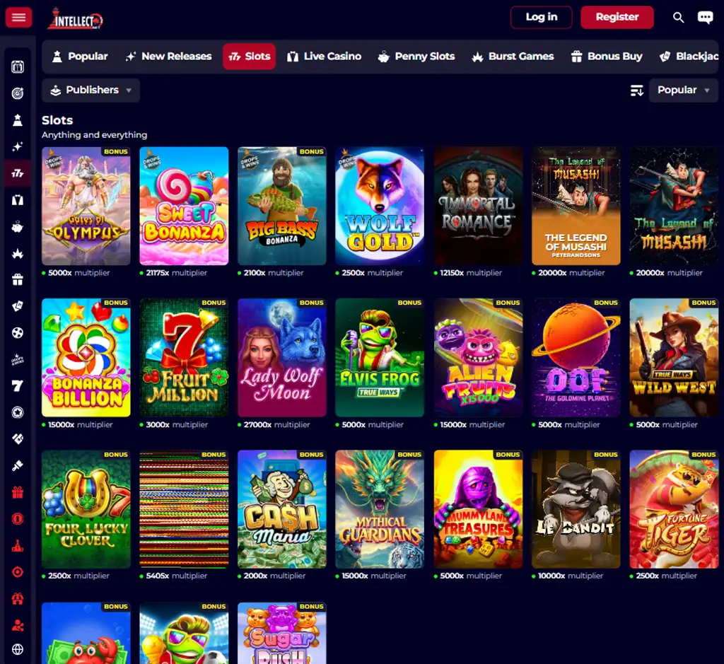 IntellectBet Casino desktop slots lobby presenting a variety of slot games with categories and providers - Tested IntellectBet Casino desktop slots lobby presenting a variety of slot games with categories and providers - Tested