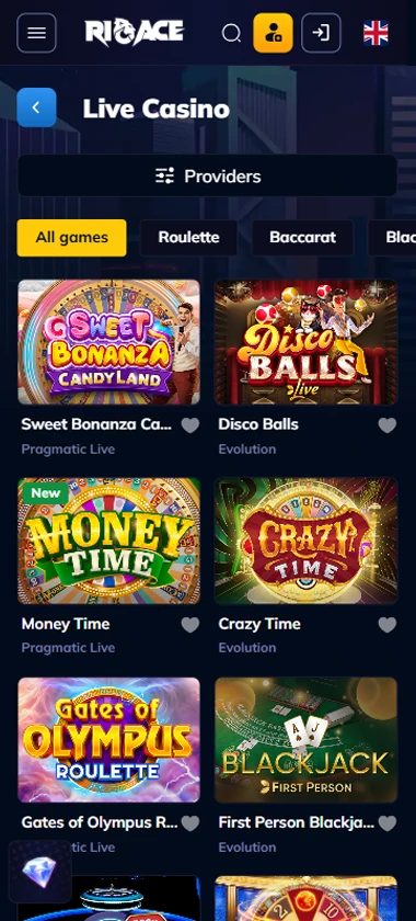 Rio Ace Casino mobile live casino interface showing live dealer tables including blackjack and roulette - captured during platform testing