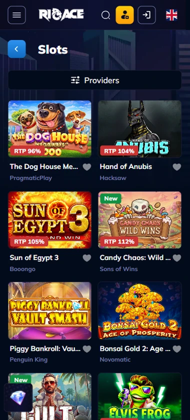 Rio Ace Casino mobile slots interface showing slot game selection with popular titles and filtering options - captured during platform testing