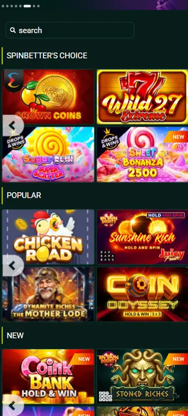 SpinBetter Casino mobile slots interface showing slot game selection with popular titles and filtering options - Tested