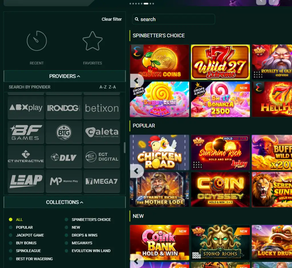 SpinBetter Casino desktop slots lobby presenting a variety of slot games with categories and providers - Tested